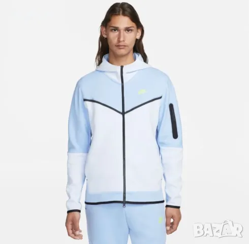 Мъжко горнище Nike Tech Fleece Baby Blue/White/Lemon Twist - размер М, снимка 1 - Спортни дрехи, екипи - 48235323