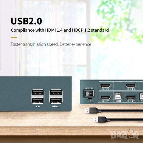 HDMI KVM превключвател с двоен монитор, разширен дисплей, 4 порта, 2 USB 2.0 хъба, UHD 4K@30Hz YUV4:, снимка 5 - Други - 38429730