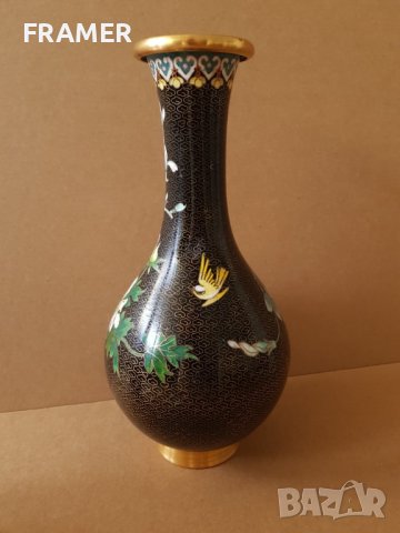 Красива 19ти век Китайска Клазоне бронзова клетъчен емайл ваза, снимка 4 - Вази - 42262468