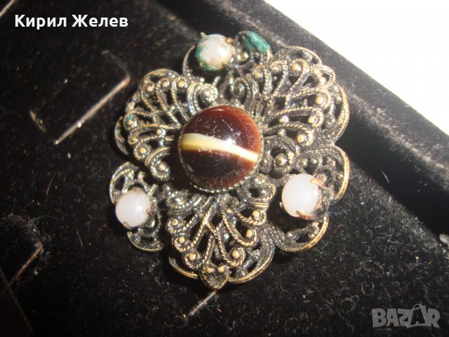 СТАРИННА БРОНЗОВА ФИЛИГРАННА БРОШКА с ЯСПИС и ПЕРЛИЧКИ АРТ ДЕКО 1921, снимка 3 - Други - 30701223