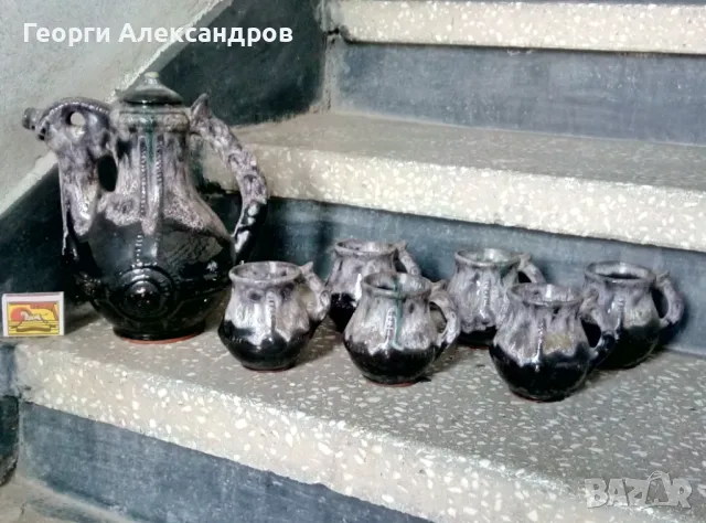 Гледжосана БУСИНСКА КЕРАМИКА Стар ГЛИНЕН СЕРВИЗ за ГРЕЯНО ВИНО / ГРЕЯНА РАКИЯ, снимка 1