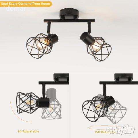 FORCOSO Таванни 2-посочни прожектори регулируеми с метални телени клетки , E14, черни, снимка 2 - Лампи за таван - 44374633