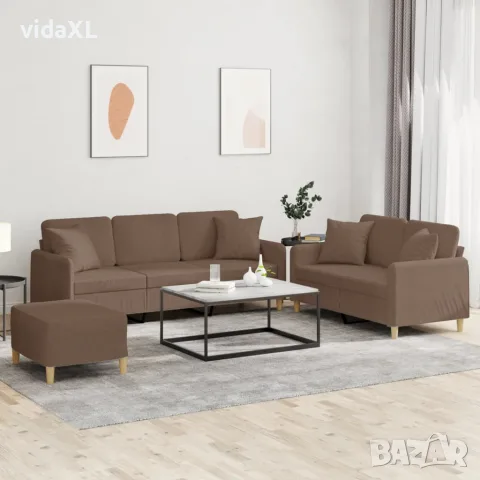 vidaXL Комплект дивани 3 части с възглавници кафяв текстил, снимка 2 - Дивани и мека мебел - 56146678