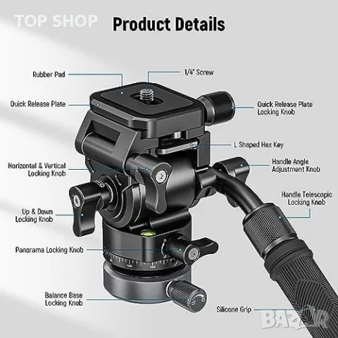 Нова глава за статив NEEWER с нивелираща основа триножник Arca QR плоча, снимка 5 - Чанти, стативи, аксесоари - 49319146
