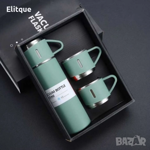 Подаръчен комплект термос с 3 чаши, зелен, розов, сив, снимка 9 - Други - 52561657