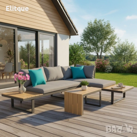 Градински комплект KANZA - модулен ъглов диван от алуминий с удобни възглавници и маса