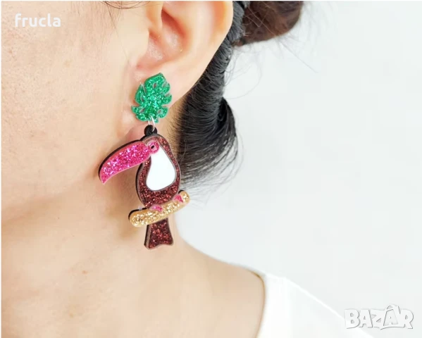 Асиметрични Обеци Птица Тукан и Листо, снимка 3 - Обеци - 50921245