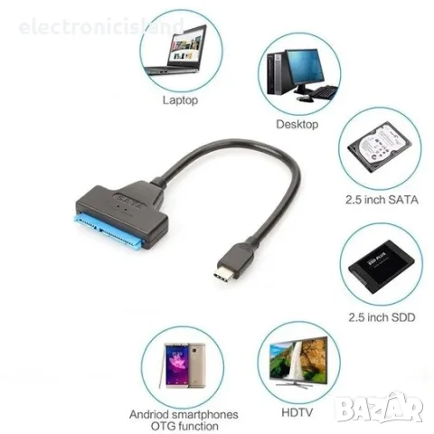 Type-C към USB 3.0 към SATA Адаптер Кабел за 2.5"/3.5" SSD/HDD – Висока Скорост 5Gbps, снимка 2 - Кабели и адаптери - 20954770