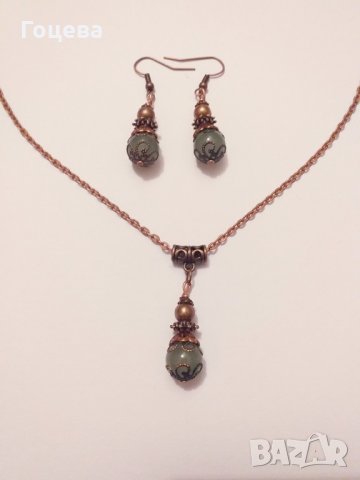 🧡Разкошен Викториански Нефритен комплект колие и обеци с изящни медни орнаменти🧡, снимка 2 - Бижутерийни комплекти - 30179583