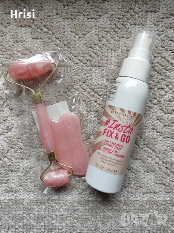 Лот от Rimmel London Lasting Finish Fix & Go и комплект за масаж на лице, ролер и плоча Gua Sha.