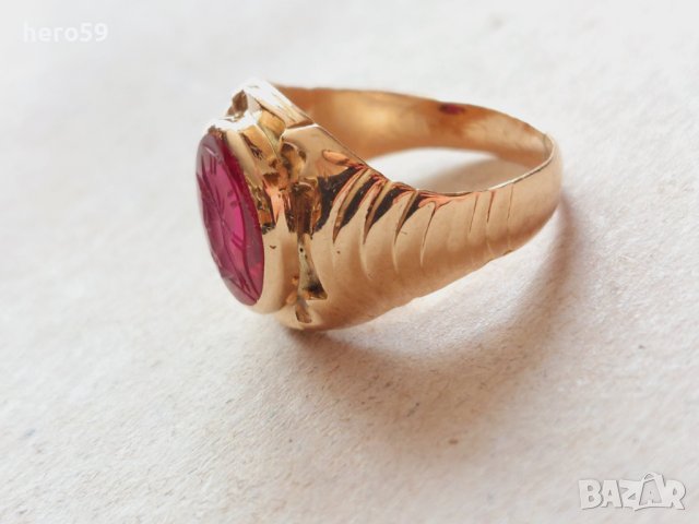 Златен пръстен 14к с гема(камея)изработена на натурален рубин., снимка 8 - Пръстени - 44478917