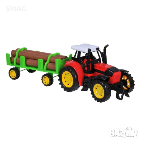 Червен влекач трактор с ремарке и дърва S_1178090