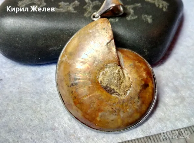 НАТУРАЛЕН ОПАЛИЗИРАН АМОНИТ в ПОСРЕБРЕН ОБКОВ Стар МЕДАЛЬОН РЪЧНА ЮВЕЛИРНА АРТ РАБОТА ПОЛИРАН 48807, снимка 10 - Антикварни и старинни предмети - 48818544