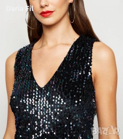 Черна рокля с лице в черни пайети и гръб - много фино плетиво - Л/ХЛ размер , снимка 2 - Рокли - 30523729