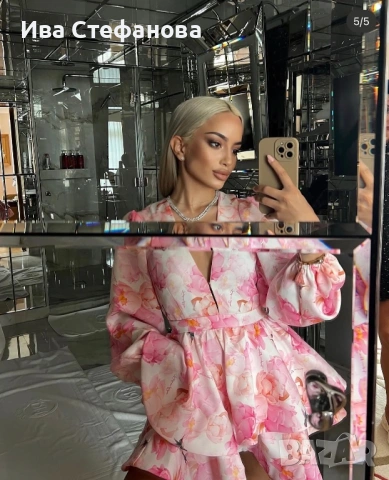 Нова луксозна рокля Fashion Room розов флорал волани къдри Уникална, женствена и супер ефектна рокля, снимка 8 - Рокли - 54148867