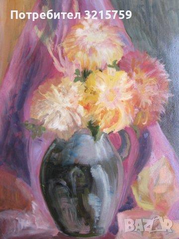 Картина -масло, фазер, ваза с хризантеми,51х36см., снимка 3 - Картини - 39466326