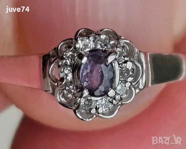 ПЛАТИНЕН ПРЪСТЕН С ЕСТЕСТВЕН АЛЕКСАНДРИТ И ДИАМАНТИ  СЕРТИФИКАТ, снимка 2 - Пръстени - 53287211