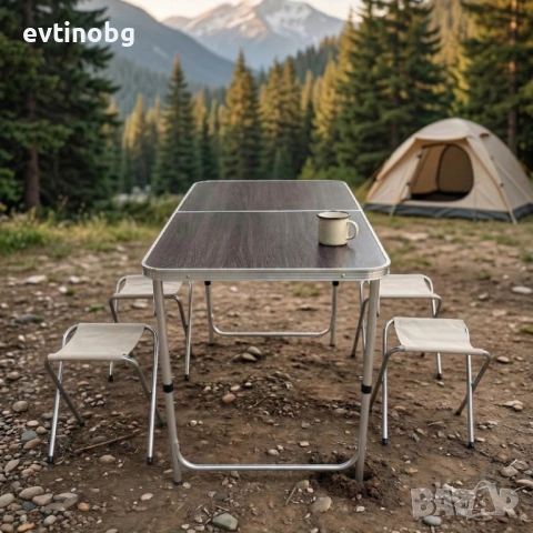 Комплект сгъваема къмпинг маса с 4 стола, регулируема височина, дизайн "куфар" в сив цвят, снимка 4 - Къмпинг мебели - 53948478