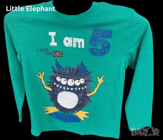 Блузка с дълъг ръкав за 4-5 год момченце,чудовище"I am 5",Англия/нова