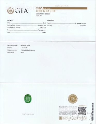 Рядък цаворит гранат в голям размер 4.66кт.! GIA сертификат! Нов!, снимка 4 - Други - 51815286