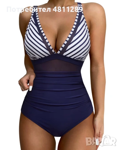 Цял бански с V - образно деколте, подплънки и контрол на корема, цвят синьо и бяло, размер - М