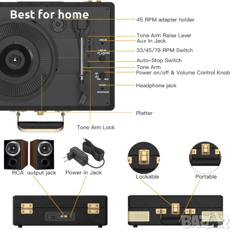  Trynnay Грамофон- 3-скоростен Bluetooth, с вградени високоговорители, изкуствена кожа, винтидж, снимка 4 - Грамофони - 52118436