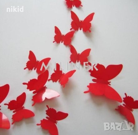 3D 12 бр pvc чисто червени самозалепващи пеперуди декорация за стена и мебел
