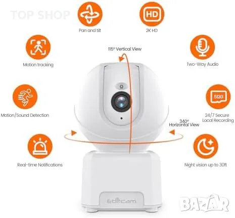 Нова WiFi охранителна камера с двупосочно аудио, 2K HD и интелигентно проследяване, снимка 2 - IP камери - 49923238