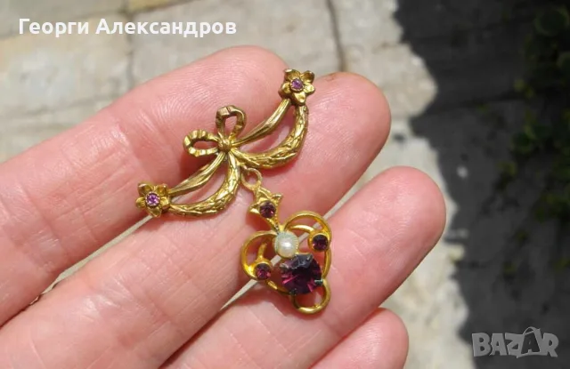 Старинна БЕЛ ЕПОК Маркова Maison Savard ФРЕНСКА СКЪПОЦЕННА БРОШКА 18К ДУБЛЕ ПОЗЛАТА АМЕТИСТИ и ПЕРЛА