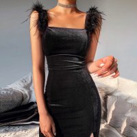ЛИКВИДАЦИЯ! Елегантна черна рокля с пера официална Avin Alessa Cliche , снимка 5 - Рокли - 27409796