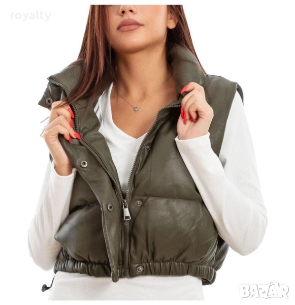 Дамска зелена ватирана кожена грейка, снимка 1