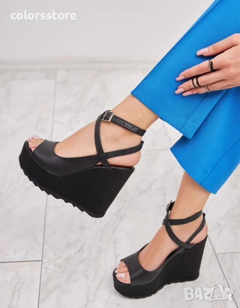 Сандали на платформа - черна кожа с черно ходило - 9107

, снимка 1