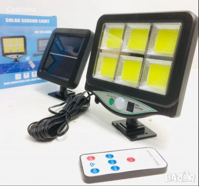 Лампа с отделен соларен панел и 128 COB LED диода с 3 режима, дистанционно, сензор за движение и фот, снимка 1
