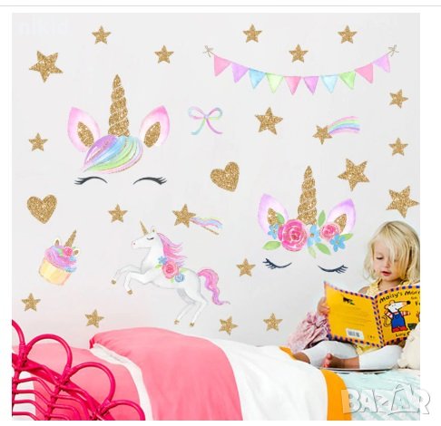Еднорог Unicorn сърца и звездички нежен стикер за стена и мебел стая самозалепващ , снимка 1