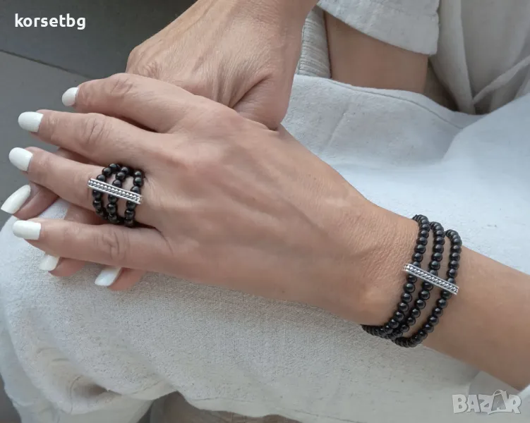 Комплект бижута тройна гривна и троен пръстен от черен оникс 1001+1002, снимка 1