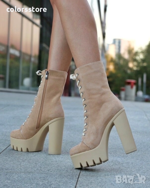 Боти на ток - бежов велур - BT16, снимка 1