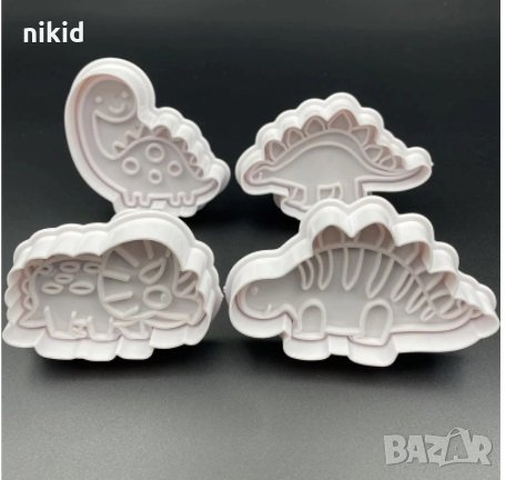 4 бр Динозавър Динозаври пластмасови форми резци с бутало за сладки фондан бисквитки, снимка 1