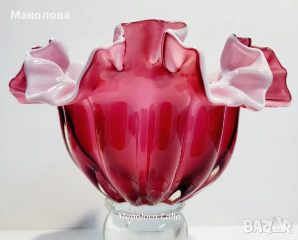 Бонбониера от ръчно издухано стъкло Cranberry glass., снимка 5 - Вази - 48021645