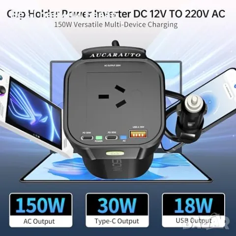Нов Инвертор за кола автомобил 150W 12V към 220V с USB-C PD и UK контакт, снимка 2 - Друга електроника - 49591705