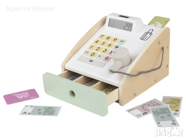 Детски дървен Касов Апарат със Скенер Функциониращ звук и светлина подходящ за дървен магазин