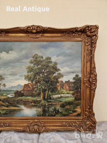 Страхотна антикварна авторска холандска картина масло върху платно , снимка 4 - Картини - 50475793