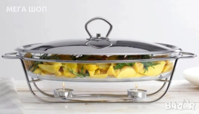 Съд за затопляне Bohmann, 3л. правоъгълен, 2свещи, Стоманен капак, Стъкло, Инокс, снимка 2 - Аксесоари за кухня - 52643565