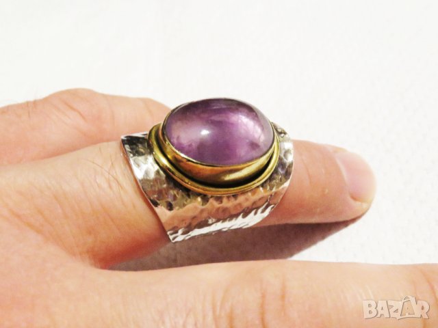кован мъжки сребърен пръстен,солиден пръстен голям османски величествен пръстен  аметист сребро, снимка 2 - Пръстени - 35202999