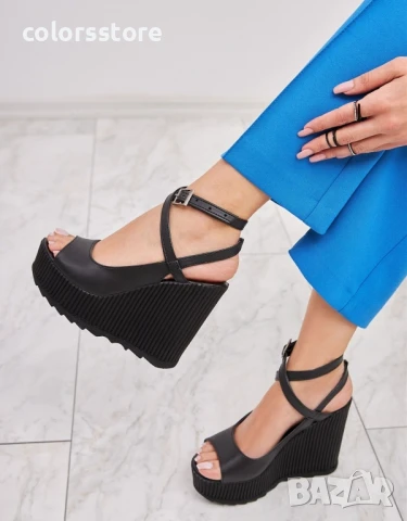Сандали на платформа - черна кожа с черно ходило - 9107

