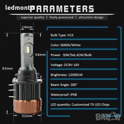 Лед крушки h15 led диодни крушки h15 , h15 led, снимка 6 - Аксесоари и консумативи - 31031077