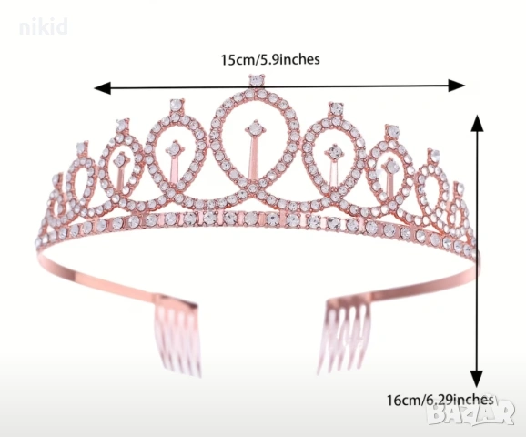 Медено розова метална дамска детска корона тиара диадема за коса глава с гребен, снимка 2 - Аксесоари за коса - 53181989