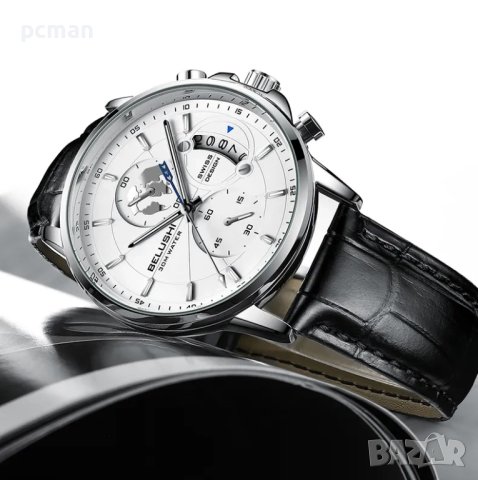 Belushi White Black B-576 Луксозен мъжки кварцов часовник с кожена каишка, снимка 3 - Мъжки - 42400409