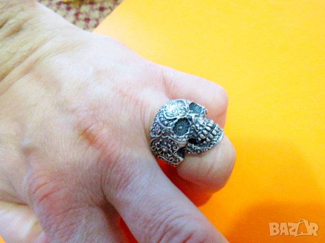 рокерски зверски солиден мъжки сребърен пръстен с Череп и цветя  за пичове и моторджий, снимка 4 - Пръстени - 37856266