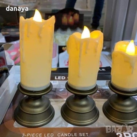 4169 Комплект реалистични електронни свещи на поставка, 3 броя, снимка 3 - Декорация за дома - 42788321