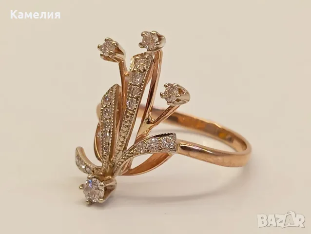 Руско злато. Пръстен с брилианти , снимка 4 - Пръстени - 55968388